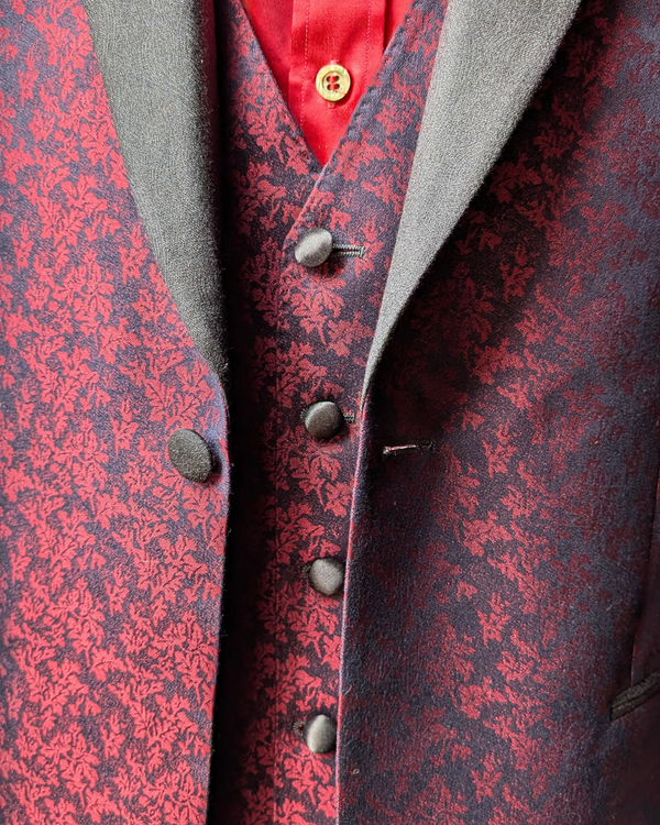 Obsidian - maroon leaf print 2-piece tuxedo with black paisley contrast