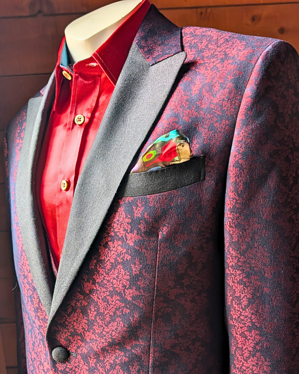 Obsidian - maroon leaf print 2-piece tuxedo with black paisley contrast
