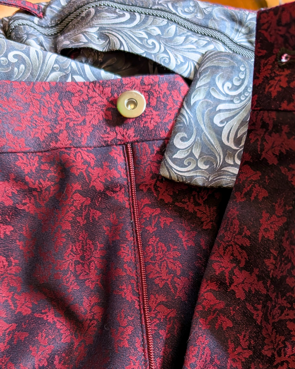 Obsidian - maroon leaf print 2-piece tuxedo with black paisley contrast