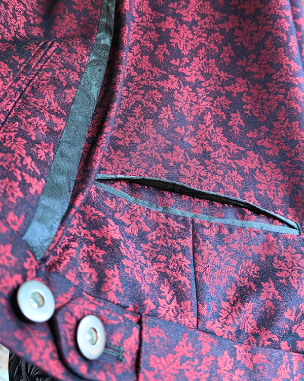 Obsidian - maroon leaf print tuxedo pants with black paisley contrast