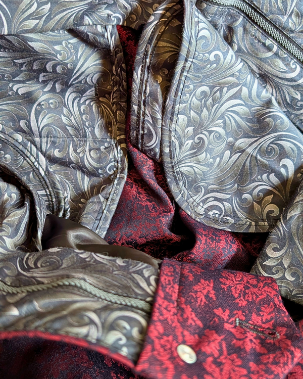 Obsidian - maroon leaf print tuxedo pants with black paisley contrast