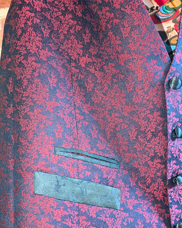 Obsidian - maroon leaf print tuxedo vest with black paisley contrast