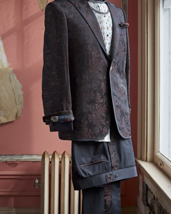 Checker print tuxedo pants with floral silk piping