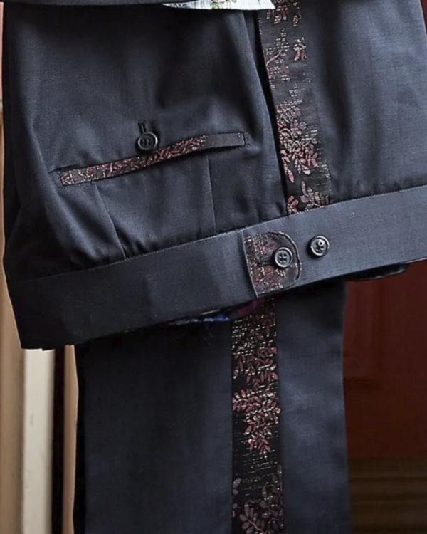 Checker print tuxedo pants with floral silk piping