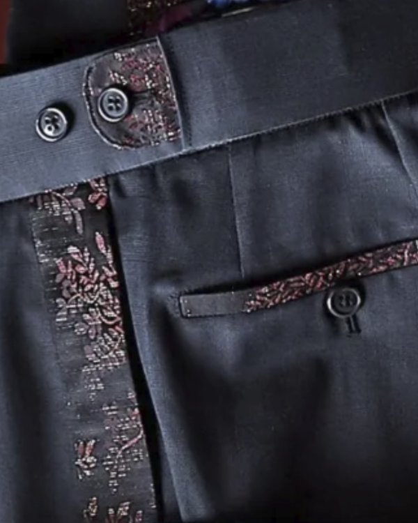 Checker print tuxedo pants with floral silk piping
