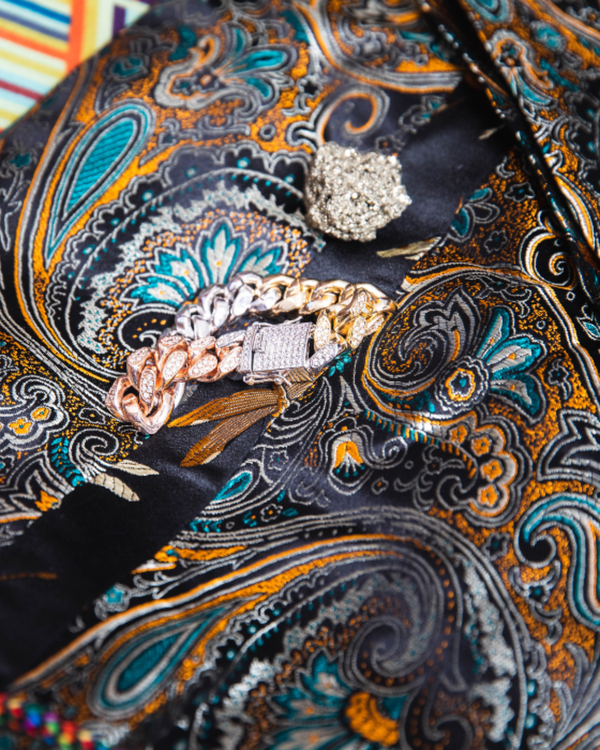Paisley print tuxedo pants with dragonfly print piping