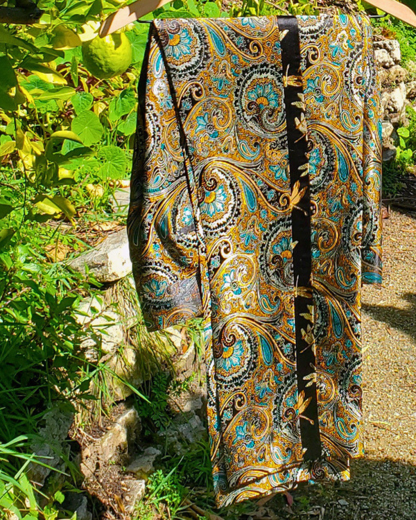 Paisley print tuxedo pants with dragonfly print piping