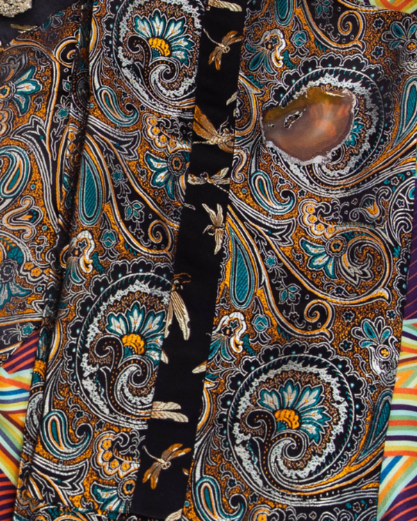 Paisley print tuxedo pants with dragonfly print piping