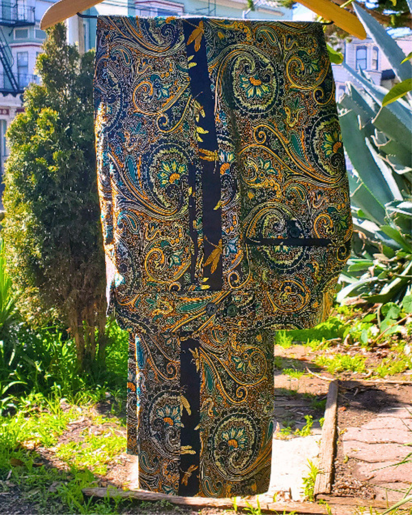 Paisley print tuxedo pants with dragonfly print piping