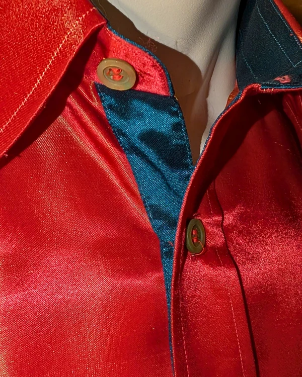 Red Silk Shirt with Teal Contrast
