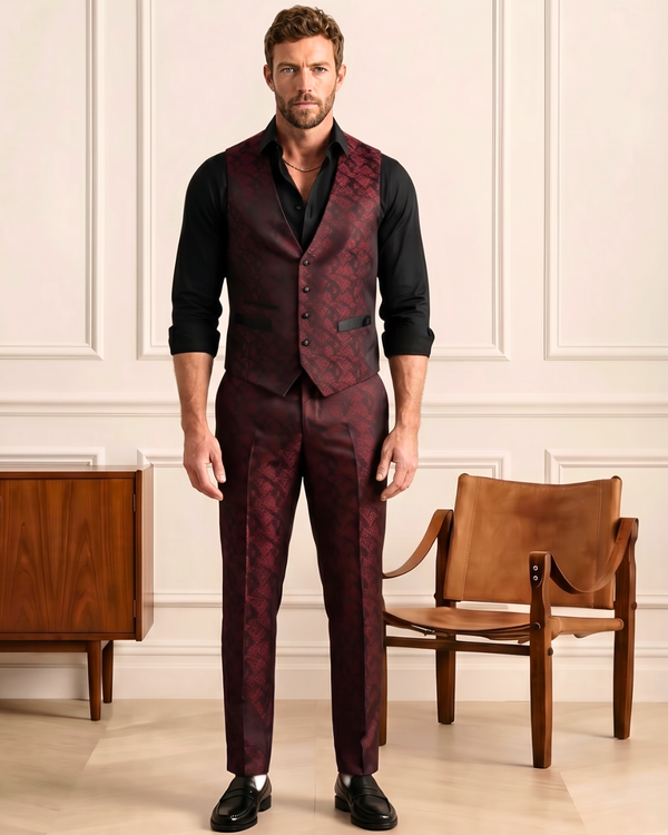 Obsidian - maroon leaf print 3-piece tuxedo with black paisley contrast