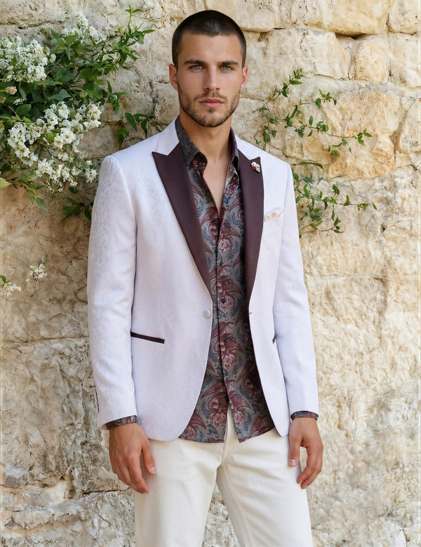 white tuxedo jacket with burgundy silk