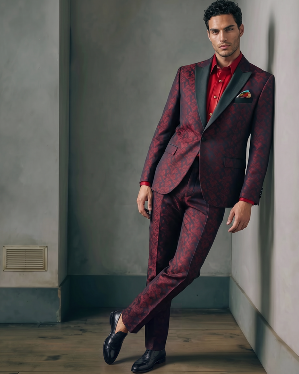 Obsidian - maroon leaf print 2-piece tuxedo with black paisley contrast