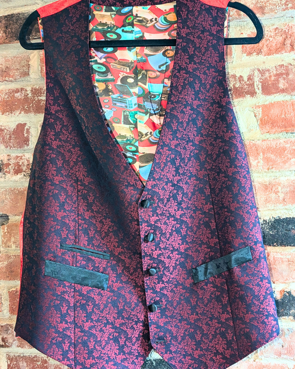 Obsidian - maroon leaf print tuxedo vest with black paisley contrast