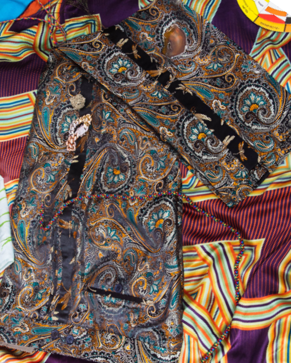 Paisley print tuxedo pants with dragonfly print piping