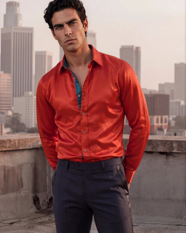 Red Silk Shirt with Teal Contrast