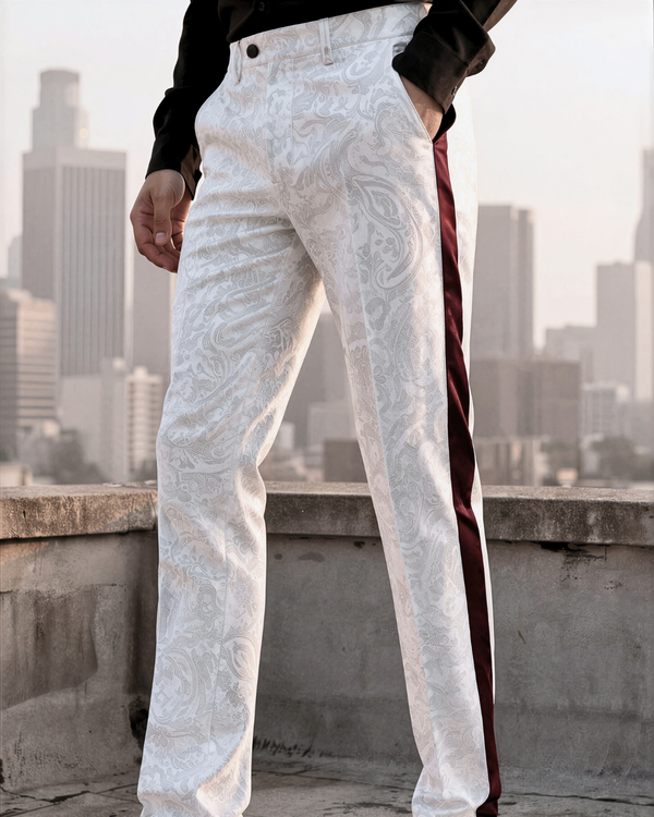 Dahlia - white ivy print tuxedo pants with red contrast