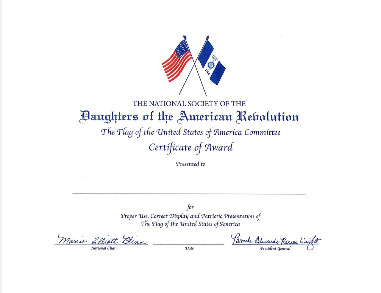 Flag Certificate of Award - DAR Shopping