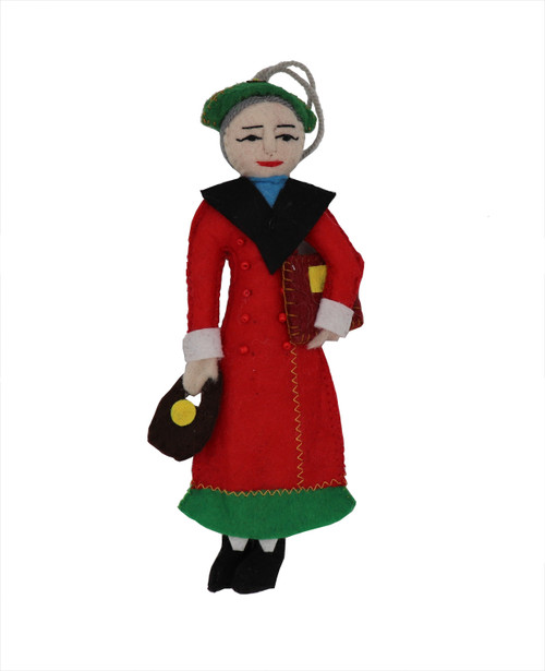 felt ornament of Eleanor Roosevelt in red coats, holding purse and book