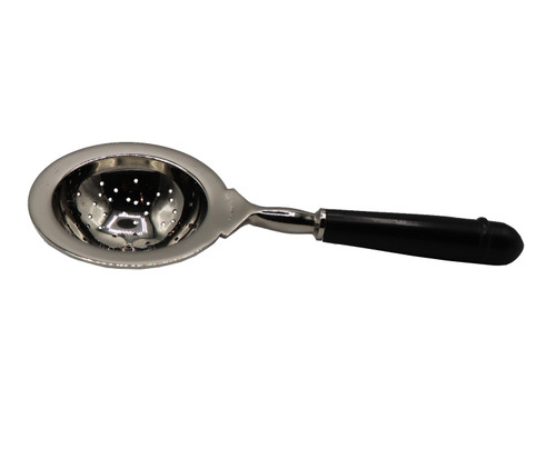 metal with black handle tea strainer that sits on top of cup