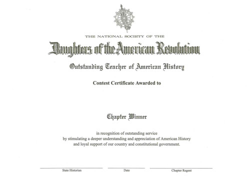 Outstanding Teacher of American History Chapter Winner Certificate
