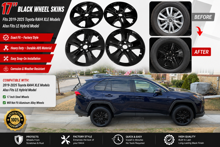 4 fit Toyota RAV4 XLE 2019-2025 Black 17" Wheel Skins Hub Caps Rim Skin Covers u