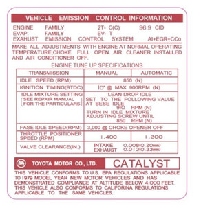 Vehicle Emissions Decal 1979 Toyota Corolla 2T-C Vehicle Emissions Decal 1979 Toyota Corolla 2T-C