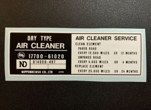Air Cleaner Decal for 1975 to 1977 Toyota Land Cruiser FJ40 FJ45 FJ55 Air Cleaner Decal for 1975 to 1977 Toyota Land Cruiser FJ40 FJ45 FJ55