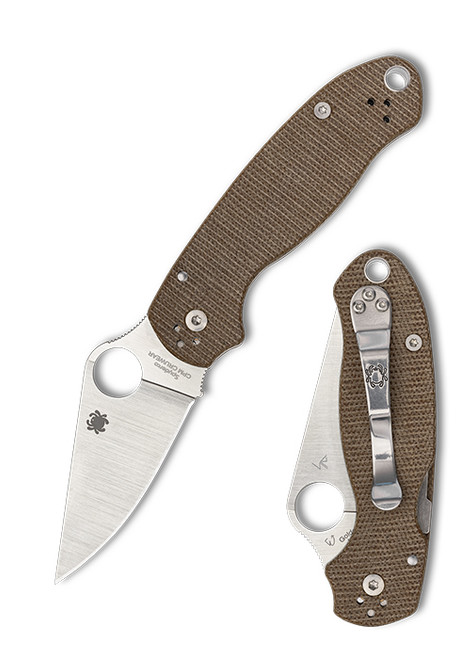 The Spyderco Para 3 Brown with blade in CPM Cruwear and handle scales in brown canvas micarta.
