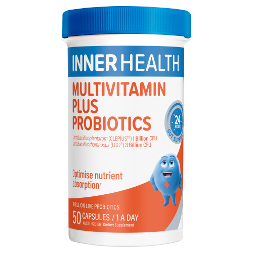 Inner Health Multivitamin + Probiotics capsules support overall wellbeing, immunity, and digestive health with essential vitamins, minerals, and beneficial probiotics.
