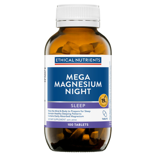 Ethical Nutrients Mega Magnesium Night Tablets help relax the body and mind, supporting restful sleep and healthy sleep patterns with magnesium and passionflower.