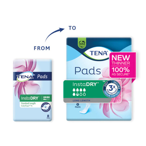 TENA Pads InstaDRY Long Length  8 pack