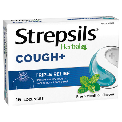 Strepsils Herbal Cough + Tripke Relief Lozenges  Fresh Menthol 16 Pack