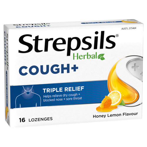 Strepsils Herbal Cough + Triple Relief Lozenges Honey Lemon 16 Pack