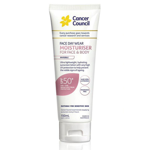 Cancer Council Face & Body Wear Moisturiser Invisible SPF50+ 150mL