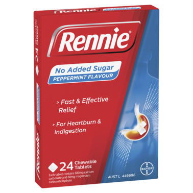 Rennie No Added Sugar Indigestion and Heartburn Relief Peppermint 24 Chewable Tablets