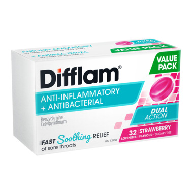 Difflam Sore Throat Dual Action Anti-inflammatory + Antibacterial Strawberry Lozenges 32 Pack