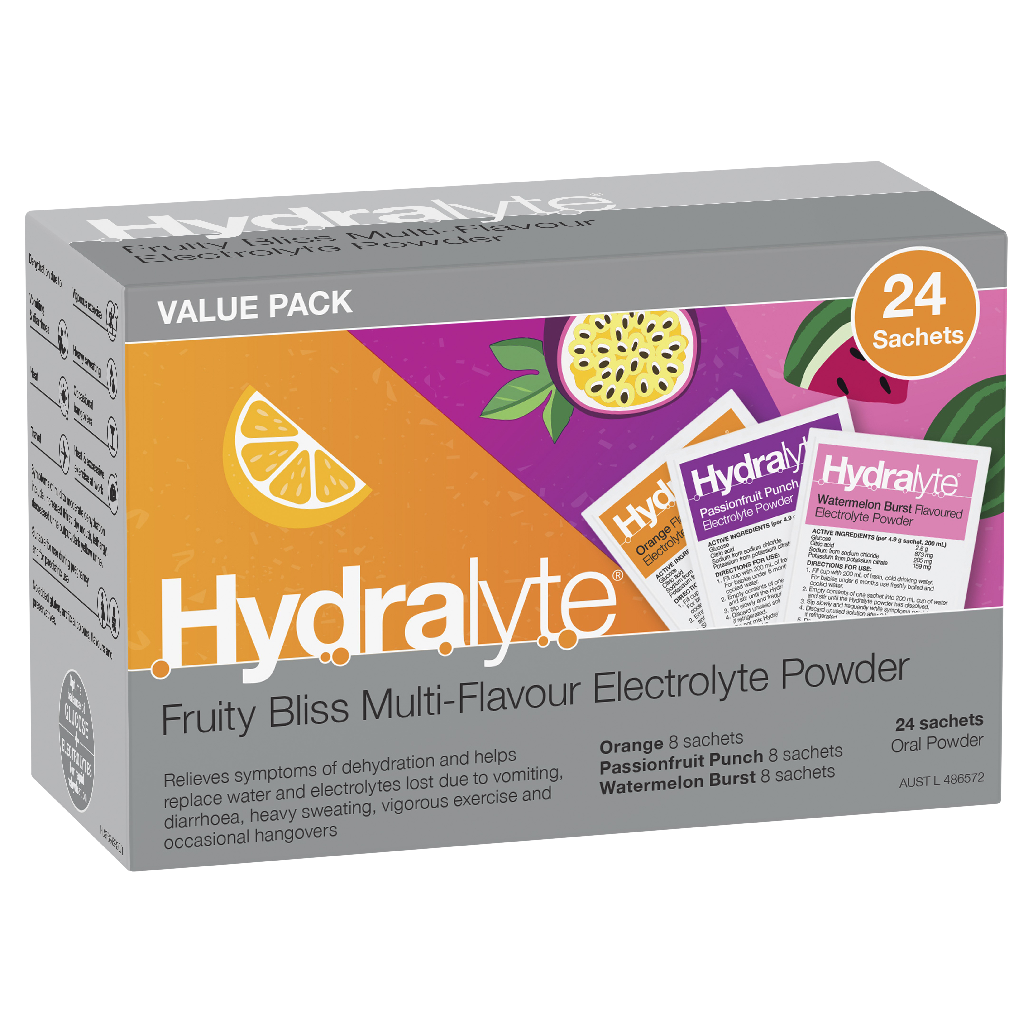 Hydralyte Electrolyte Powder Fruity Bliss Multi-Flavour 24 Sachets