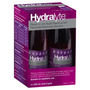 Hydralyte Ready To Use Electrolyte Solution Apple Blackcurrant 4 x 250mL