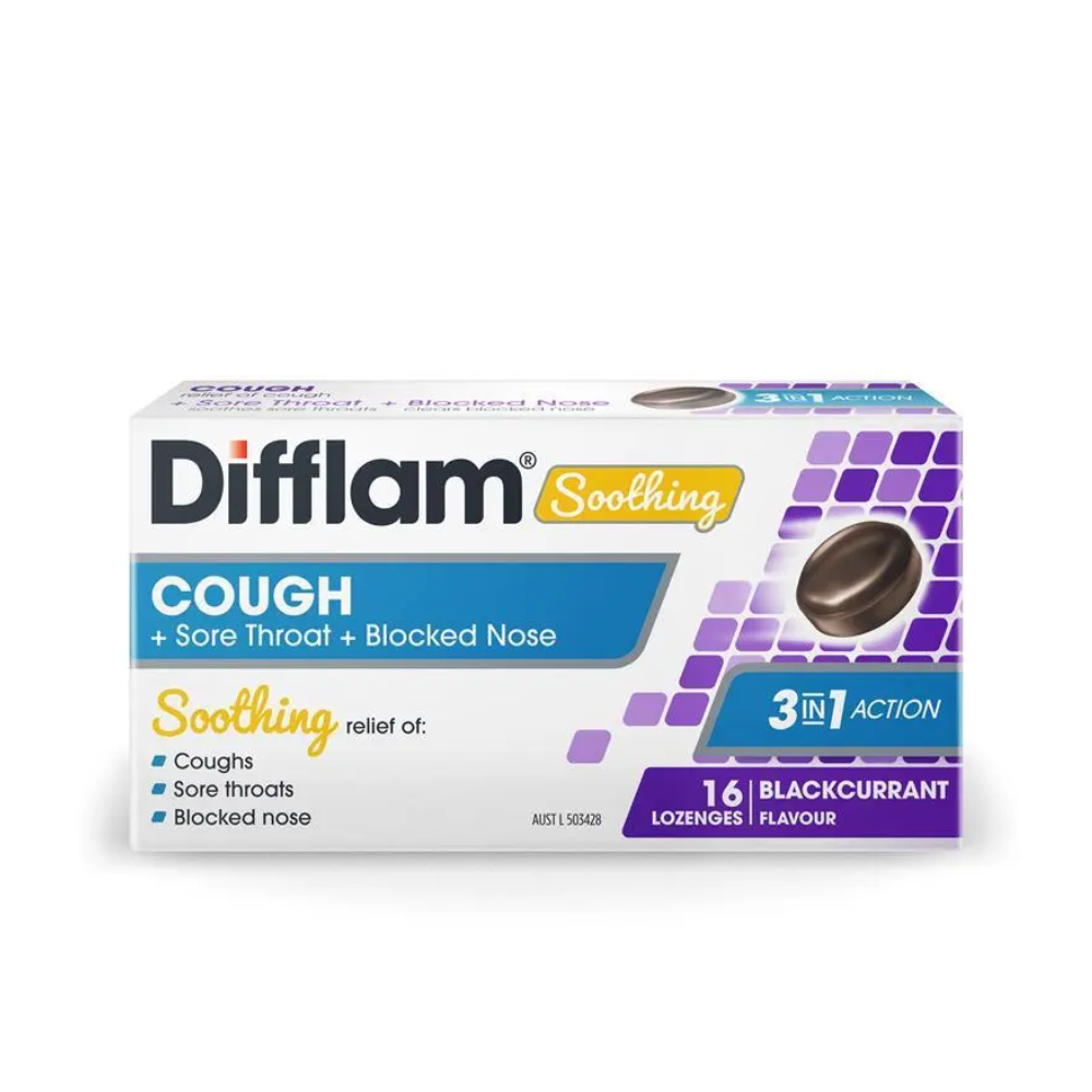 Difflam Soothing Cough Sore Throat & Blocked Nose Blackcurrant Lozenges 16 Pack