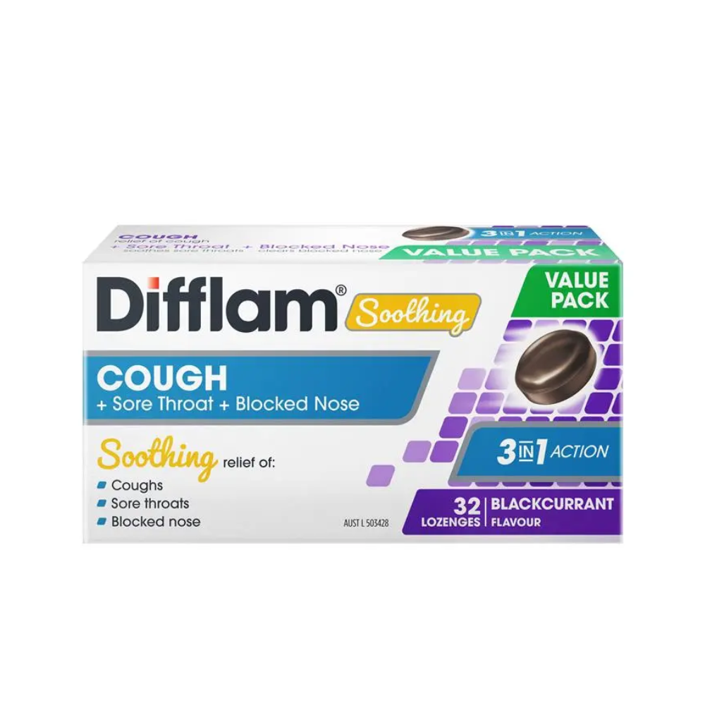 Difflam Soothing Cough,Sore Throat & Blocked Nose Blackcurrant Lozenges 32 Pack