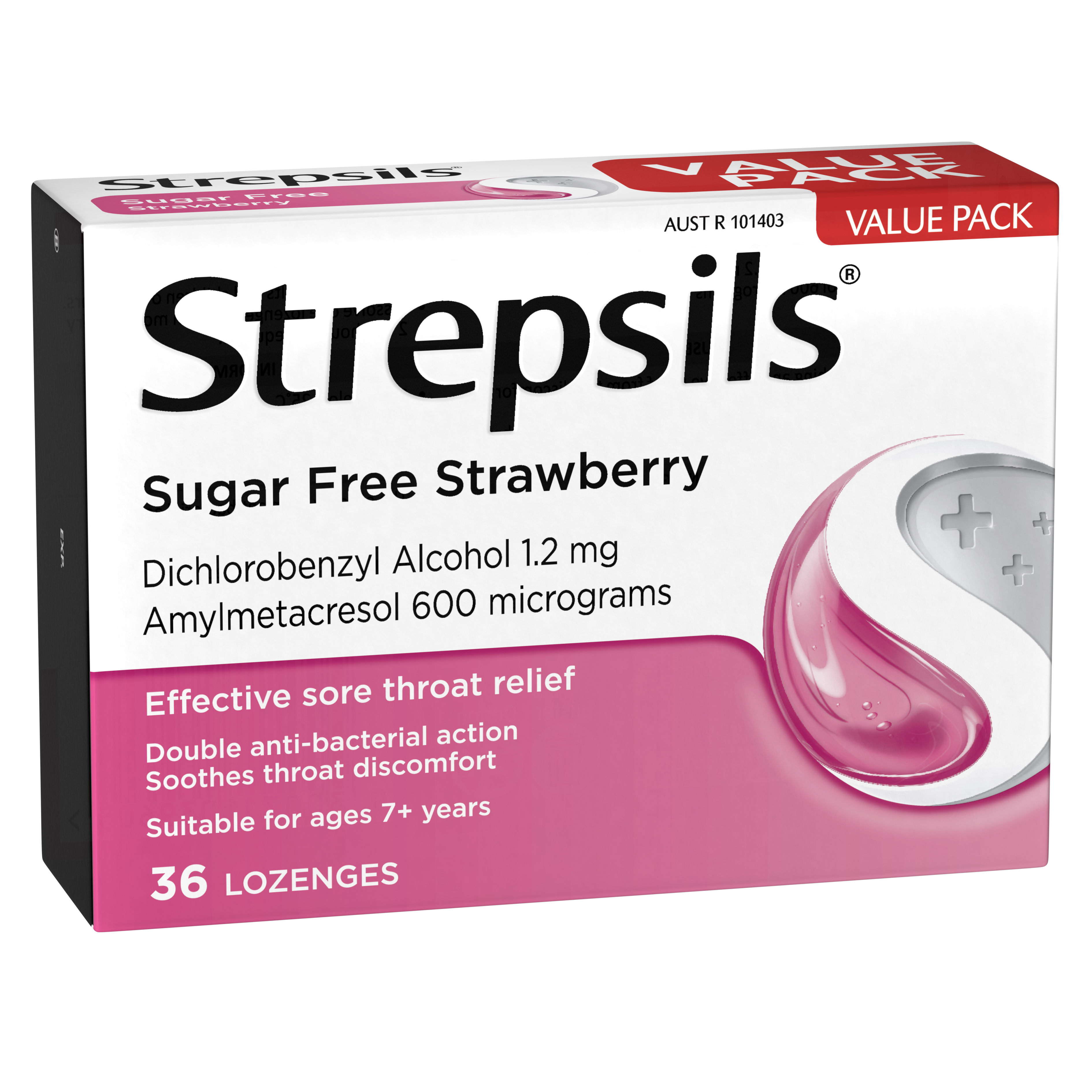 Strepsils Sore Throat Relief Sugar Free Lozenges Strawberry 36 Pack