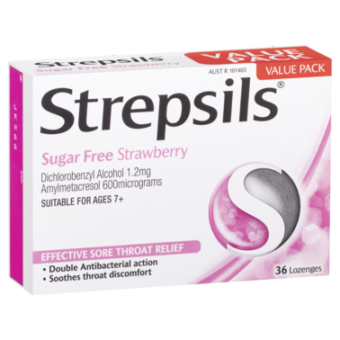 Strepsils Sore Throat Relief Sugar Free Lozenges Strawberry 36 Pack
