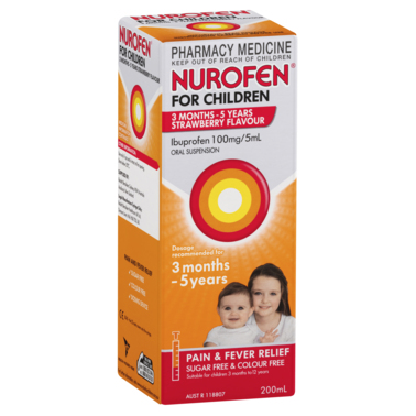 Nurofen For Children 3months - 5years Pain and Fever Relief 100mg/5mL Ibuprofen Strawberry 200mL