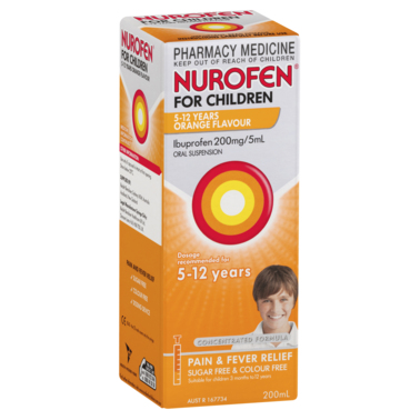 Nurofen For Children 5-12yrs Pain and Fever Relief Concentrated Liquid 200mg/5mL Ibuprofen Orange 200mL