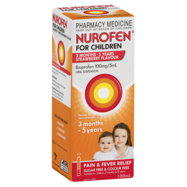 Nurofen For Children 3 months to 5 years Pain and Fever Relief 100mg/5mL Ibuprofen Strawberry 100mL