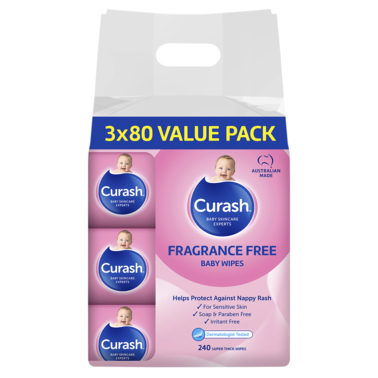 Curash Fragrance Free Baby Wipes 3x80 pack