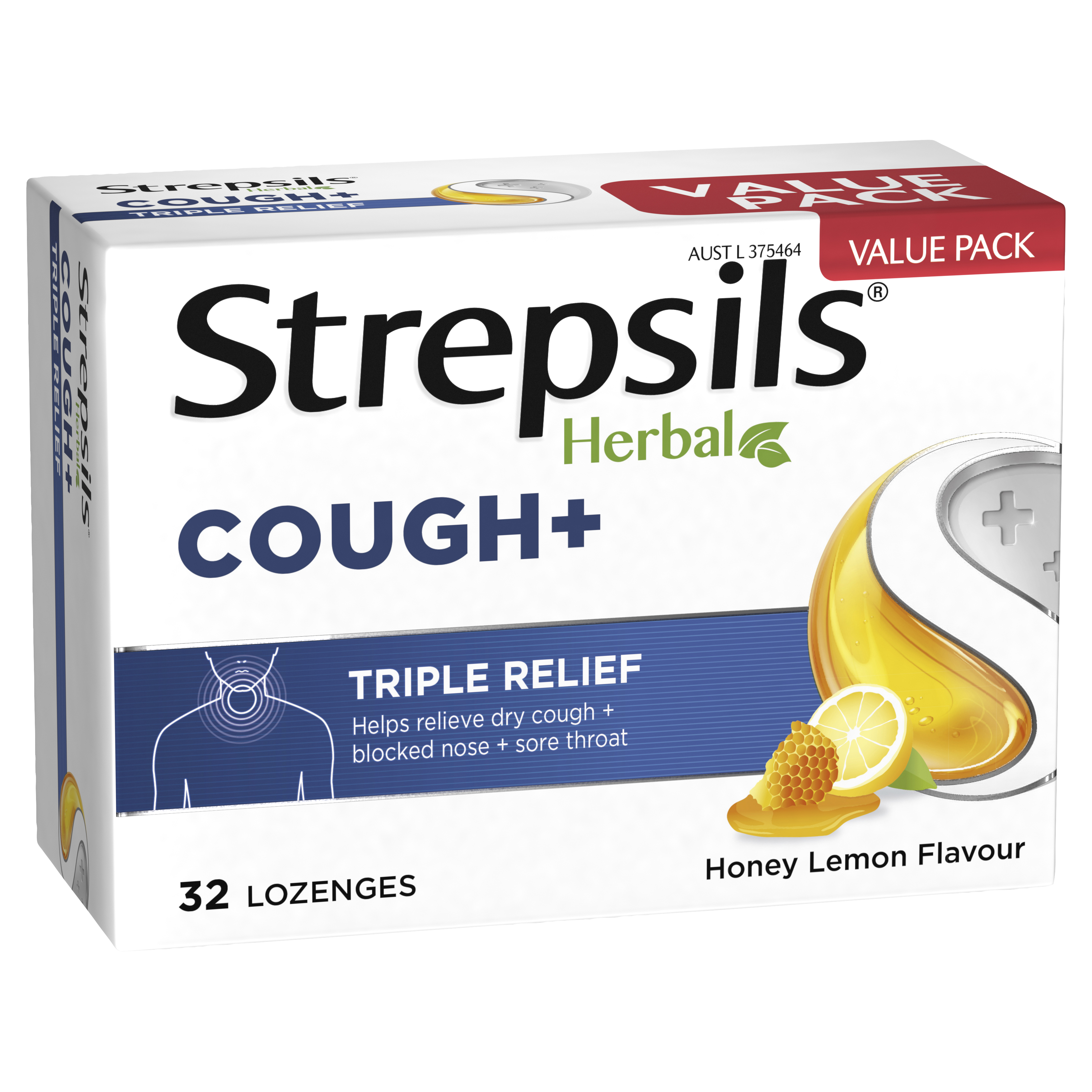 Strepsils Herbal Cough + Triple Relief  Lozenges Honey Lemon  32 pack