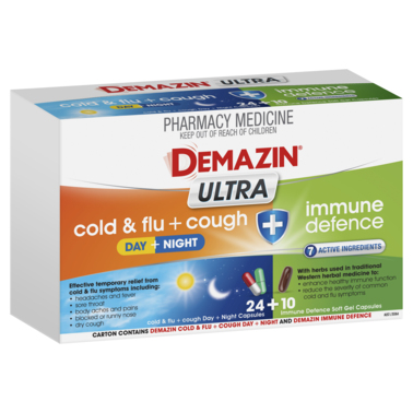 Demazin Ultra Cold & Flu + Cough & Immune Defense 34 Capsules