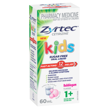 Zyrtec Kids Allergy & Hayfever Relief Antihistamine Bubblegum Liquid 60mL